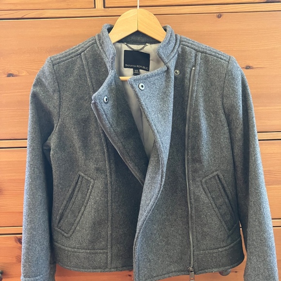 BANANA REPUBLIC 80% Italian Wool Blend Grey Moto Jacket XS P Petite - Picture 2 of 8